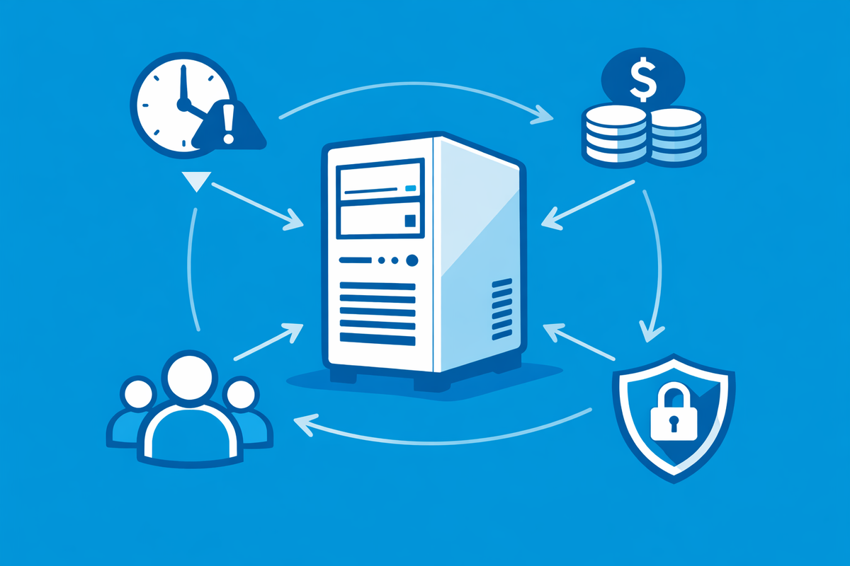 Conceptual illustration of operational and economic risks around a legacy server for PMI modernization projects