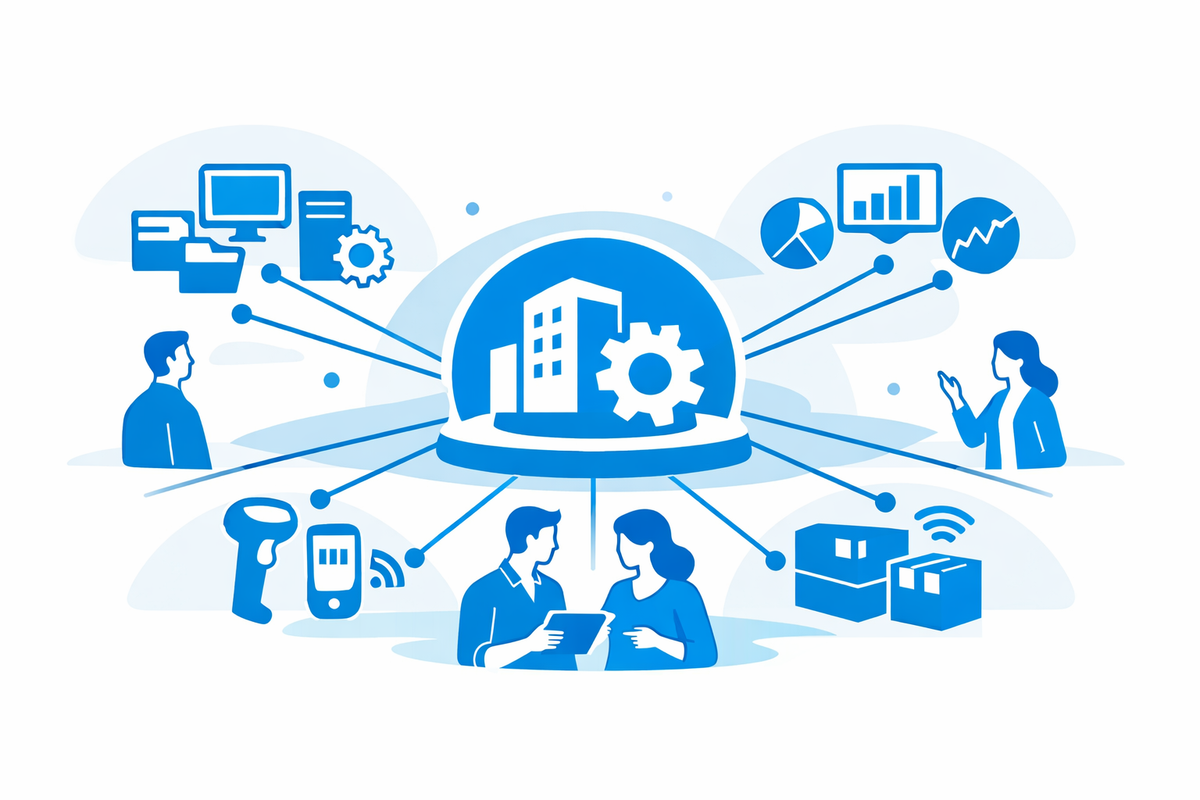 Illustration of SAP Business One hub connecting legacy apps, warehouse devices, and reporting dashboards for PMI modernizatio