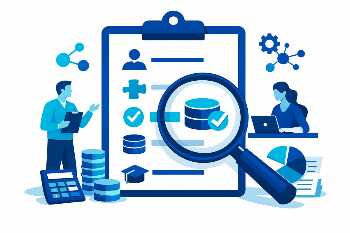 Checklist audit with magnifying glass over users, integrations, data, and training for quanto costa SAP Business One nel 2026