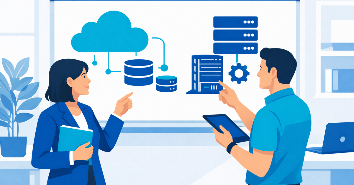 CFO and IT manager reviewing ERP budget with cloud and server icons illustrating quanto costa SAP Business One nel 2026