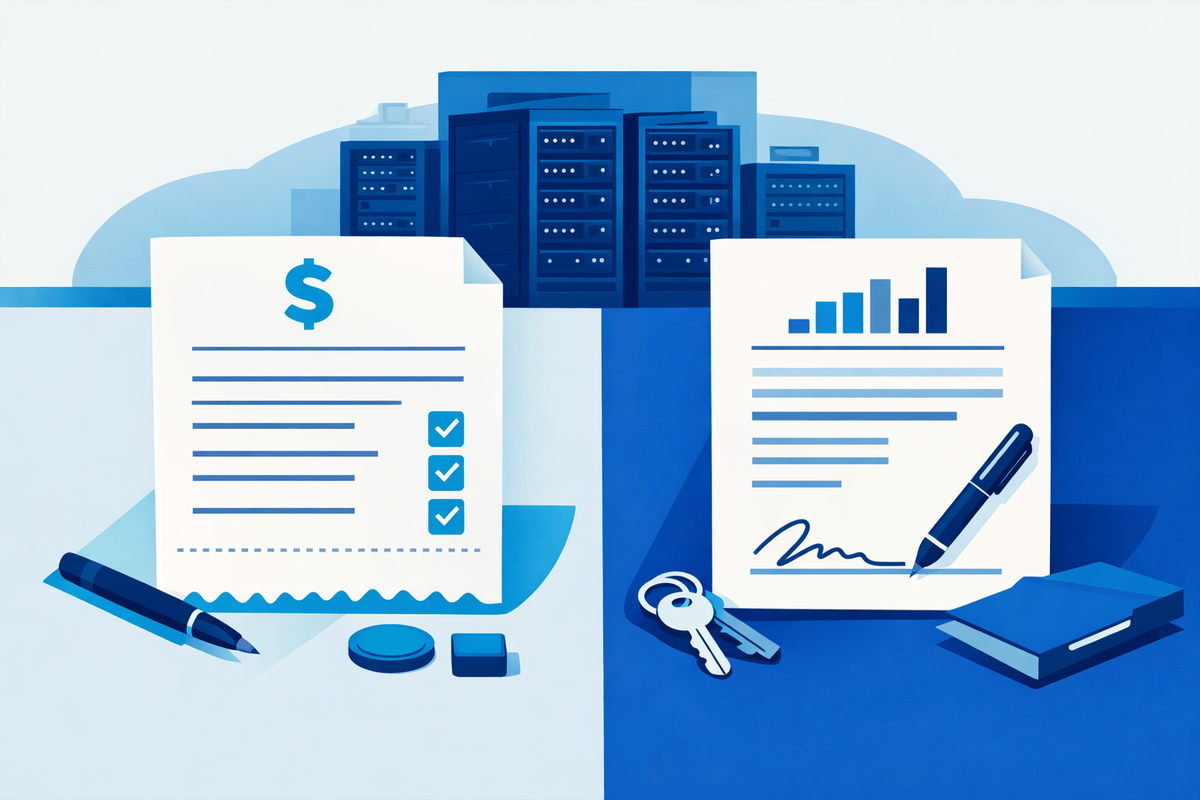 Subscription receipt versus one-time purchase contract with server room background for quanto costa SAP Business One nel 2026