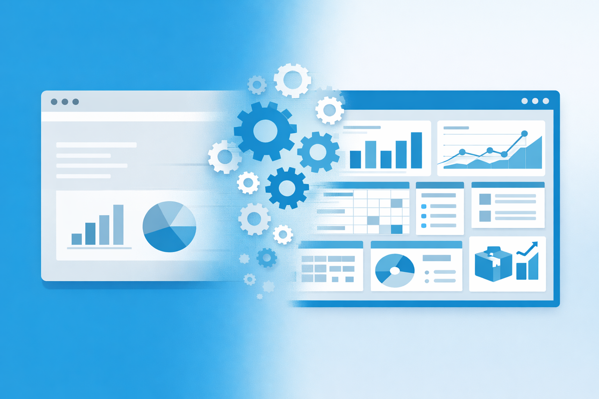 Web browser window transforming into ERP workspace with automation gears for roadmap SAP Business One 2026