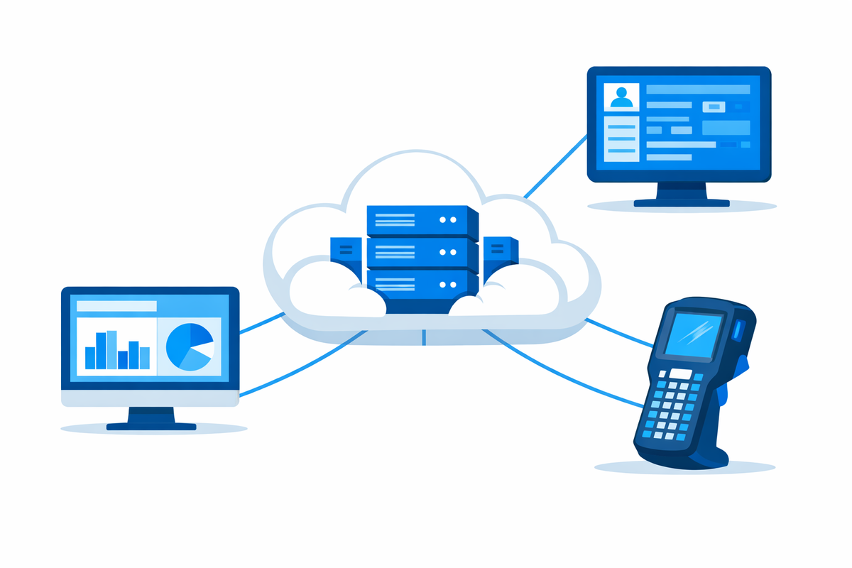 Cloud servers connected to ERP, CRM, and warehouse handheld device illustrating integrations for roadmap SAP Business One 202