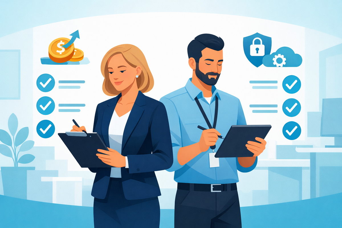 CFO and IT manager comparing checklist of benefits and impacts for roadmap SAP Business One 2026