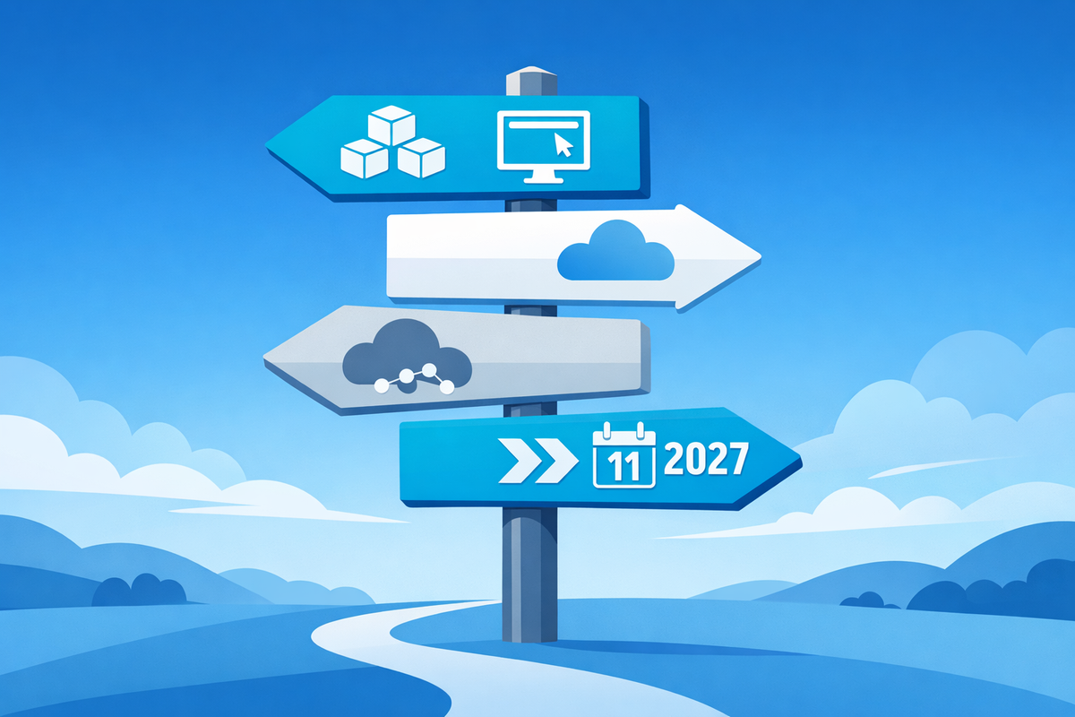 Roadmap signpost with arrows representing Feature Package, Web Client, Cloud, and V11 2027 for roadmap SAP Business One 2026