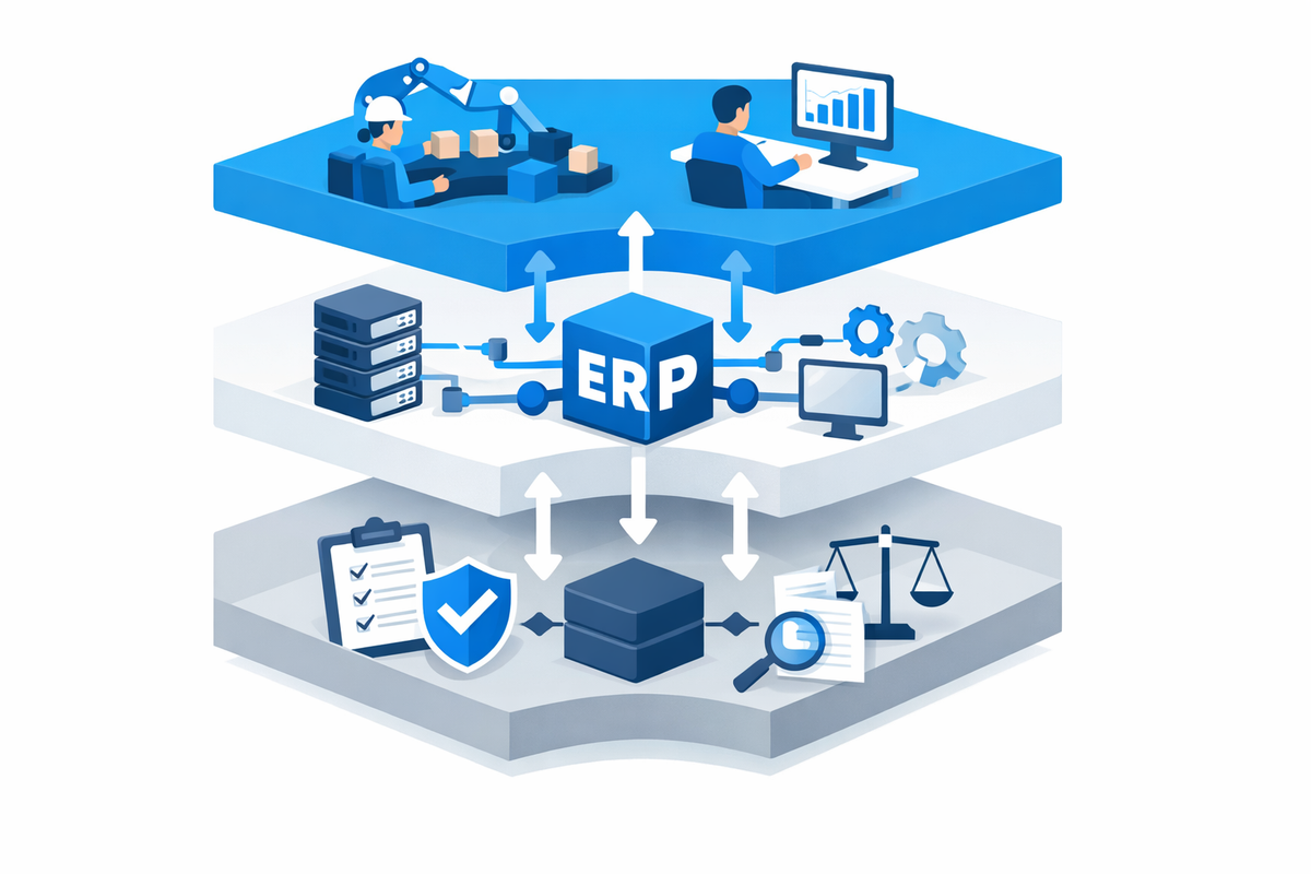 Three stacked layers representing Operations, IT, and Compliance connected by an ERP icon for roadmap SAP Business One 2026